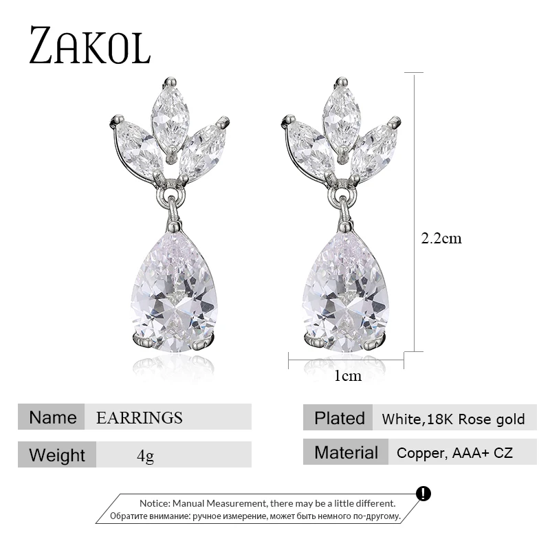 ZAKOL Sliver Color Crystal Water Drop Earrings for Women Cubic Zirocn Leaf Bridal Earring Wedding Jewelry Wholesale EP2398