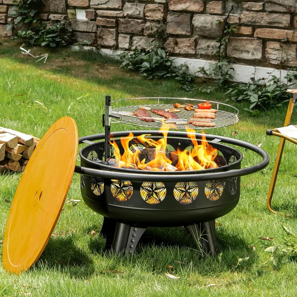 3-in-1 Fire Pit with Swivel Cooking Grate, 32 Inch Wooding Burning Fire Pit, Outdoor Fire Pit with Metal Lid for Patio Backyard