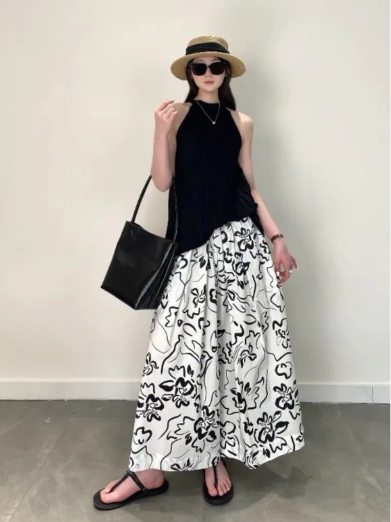 

Ele Artistic Bla White Print Casual Pants Women Summer Loose plus Size Trendy Meat Covering A-Line Wide Leg Skirt Pants