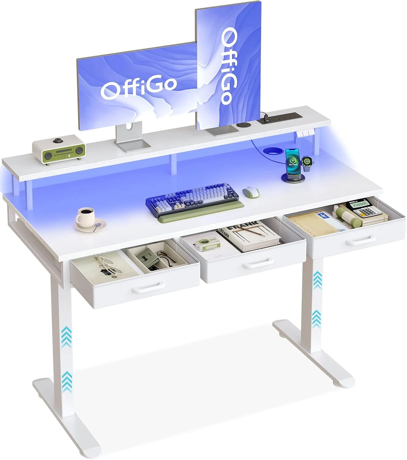 OffiGo Electric Standing Desk, 120 x 54cm Height Adjustable Desk with 3 Drawers, RGB LED Strip , White