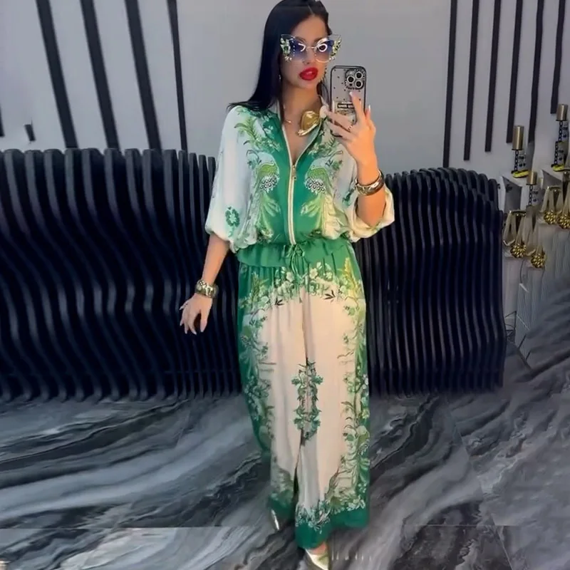 

Домашняя одежда на молнии с цветочным принтом, женский комплект из 2 предметов, модные брюки с завязками и принтом, пижама, наряд из двух предметов, элегантный офисный костюм, одежда для сна