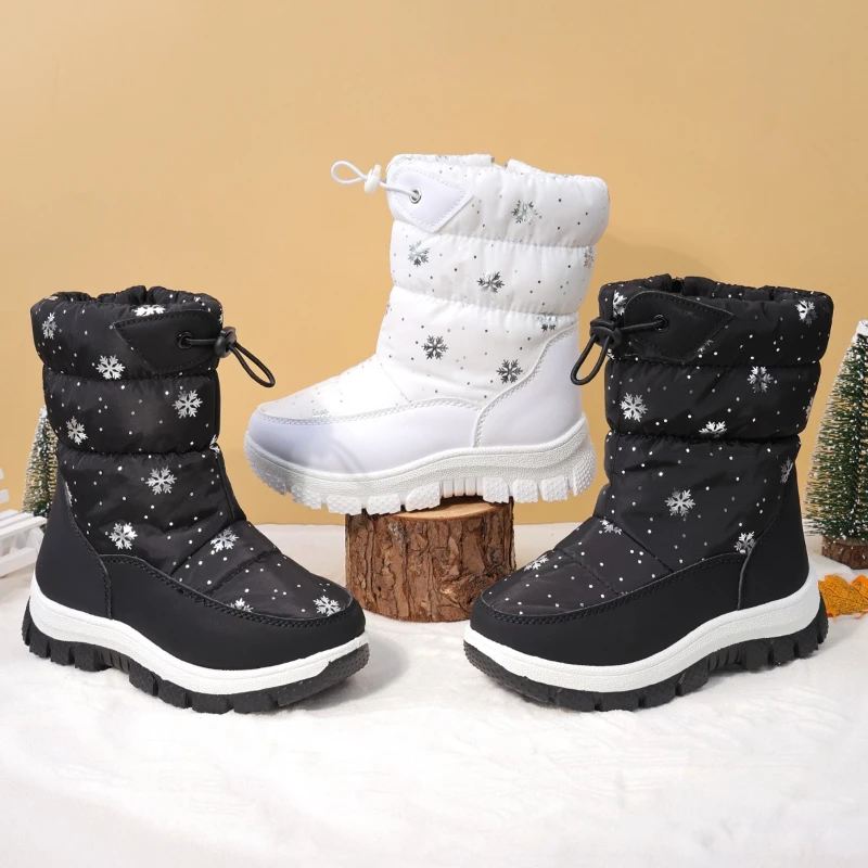 Christmas Children's Winter Thick Bottom Warm Waterproof Fleece Lined Mid-Calf Snow Boots Cotton Shoes Long Booties for Kids
