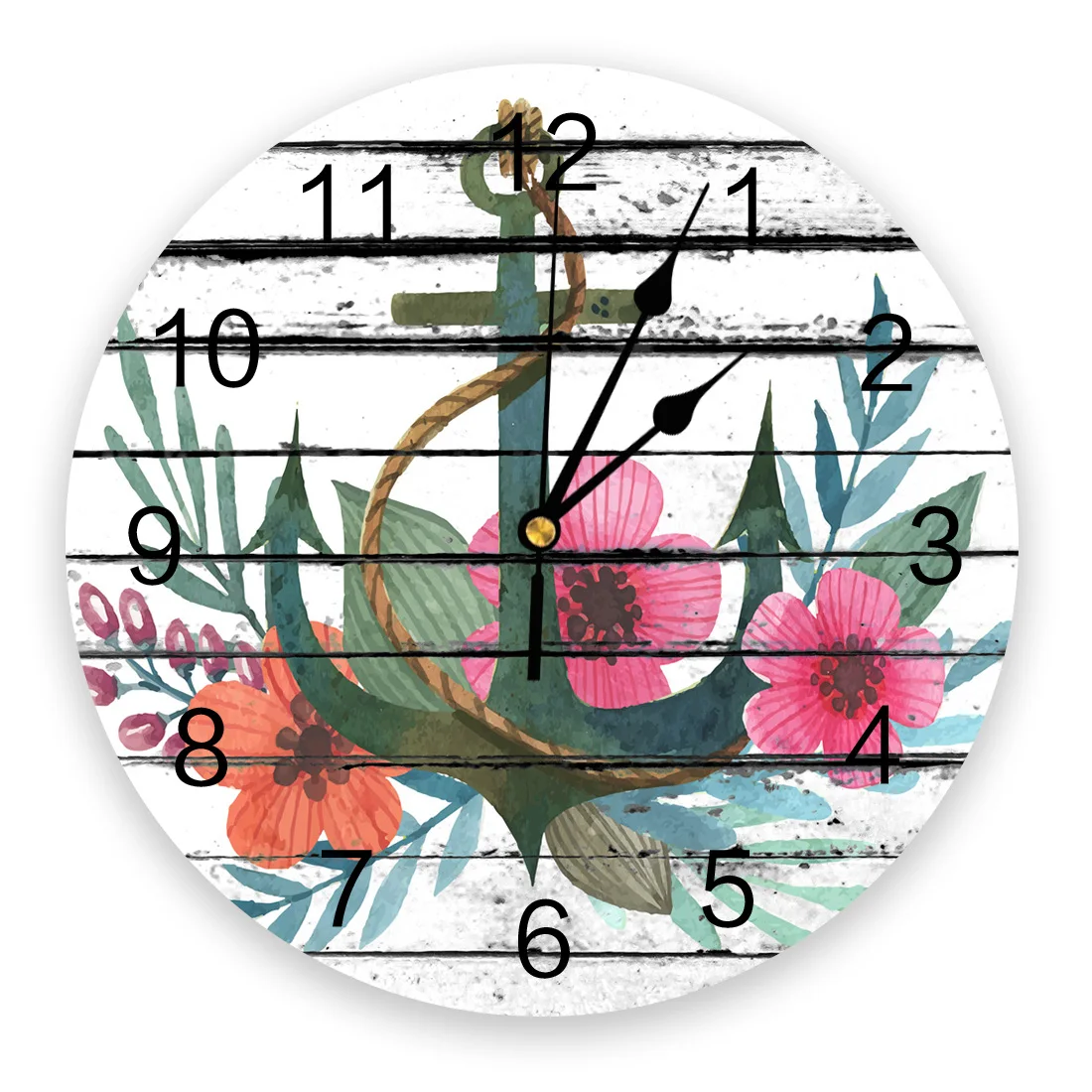 Wood Grain Anchor Watercolor Flowers Wall Clock Living Room Decoration Wall Clock Modern Design Home Decore Wall Digital Clock