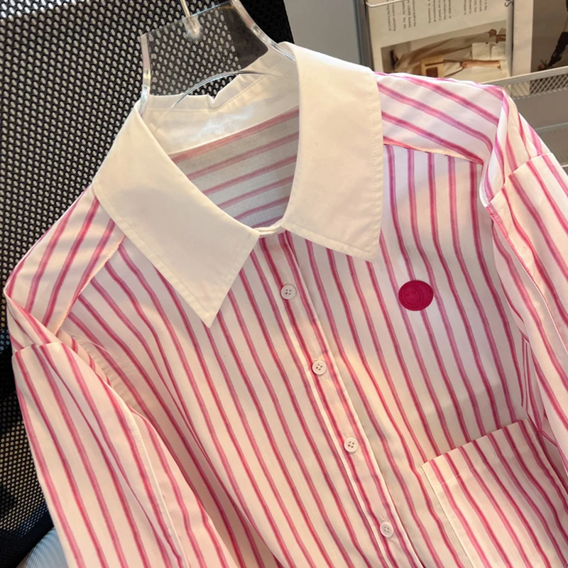 Bomon Korean version pink striped short lapel shirt women 2024 spring and autumn new advanced pocket long sleeve loose shirt