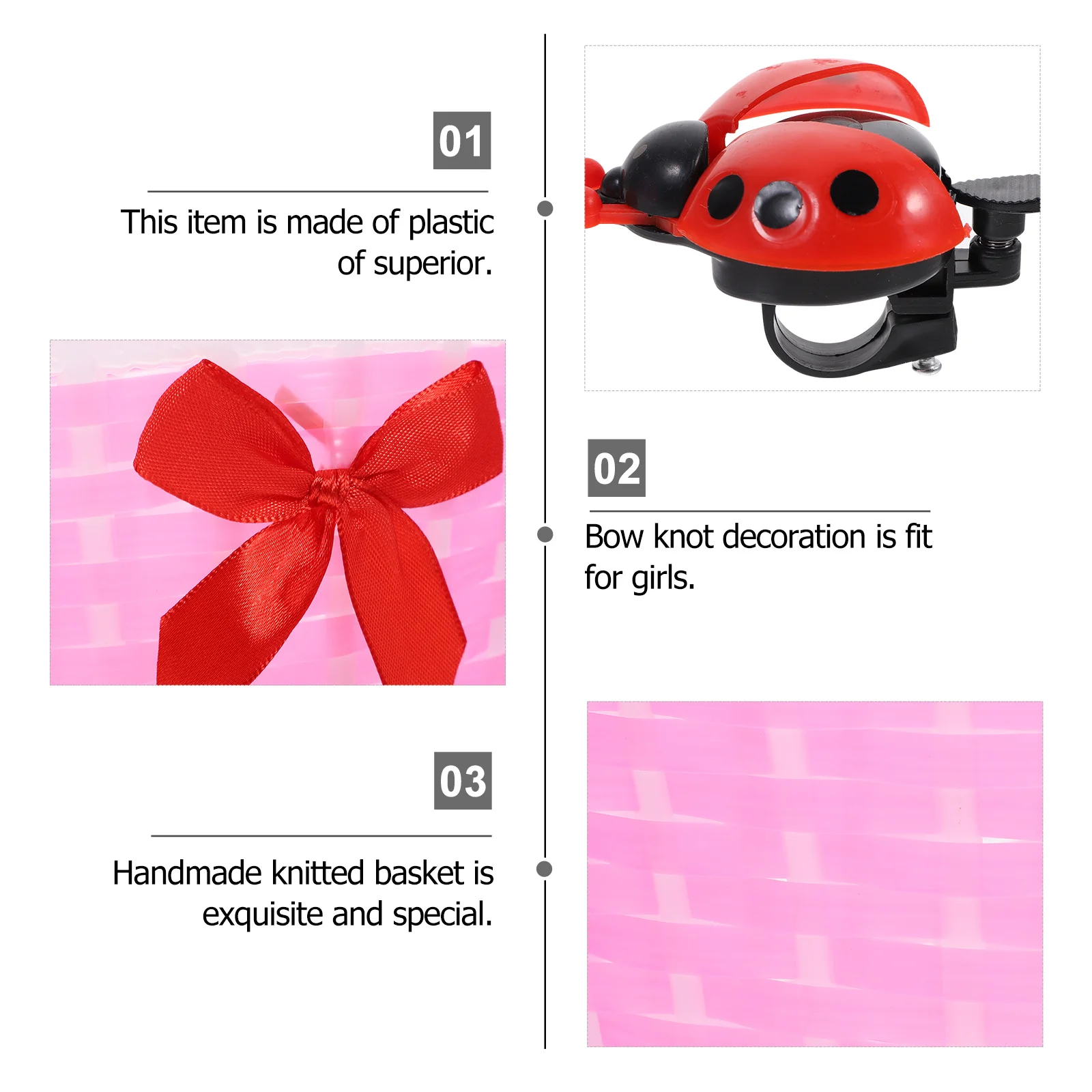 

Handmade Plastic Knitted Basket for Kids Scooter and Children Bicycle Front Mount Storage Basket Pink Bow Design Bike Organizer