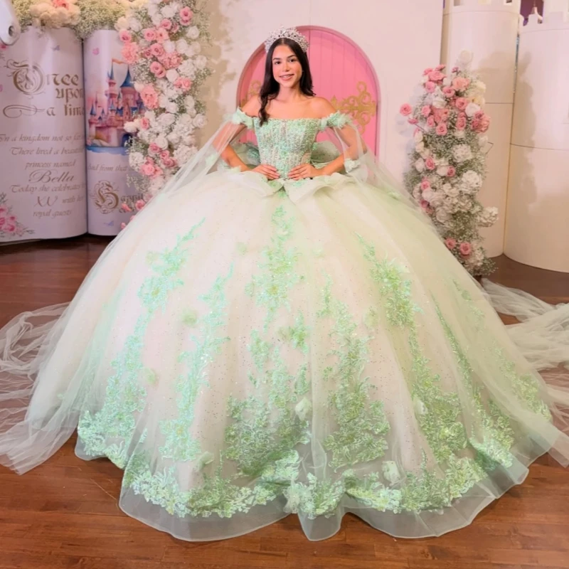 

Champagne Shiny Quinceanera Dresses Off The Shoulder Green Applique Lace Beading With Cape Tull Party Birthday Sweet 16 Dress