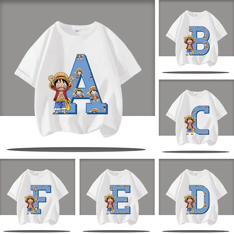 

2026 Summer T-shirt for children aged 3-12, "One Piece" cartoon print short-sleeved letter A-Z casual shirt, boys' sports shirt