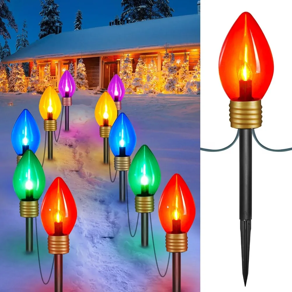 Christmas Lights Jumbo C9 Outdoor Lawn Decorations with Pathway Marker Stakes, 2 Pack 8.5 Feet String Lights