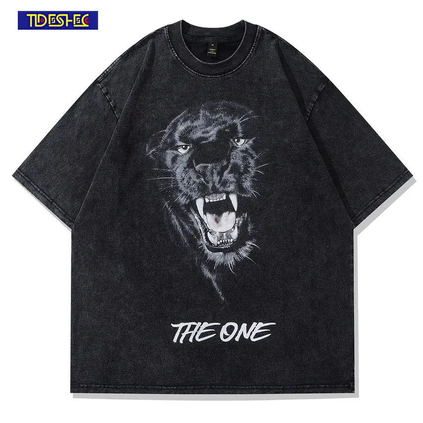 

Hip Hop Animal Graphic Print Washed Tshirt Streetwear Harajuku Punk Gothic Tee Fashion Summer Tops Vintage Oversized T-Shirt