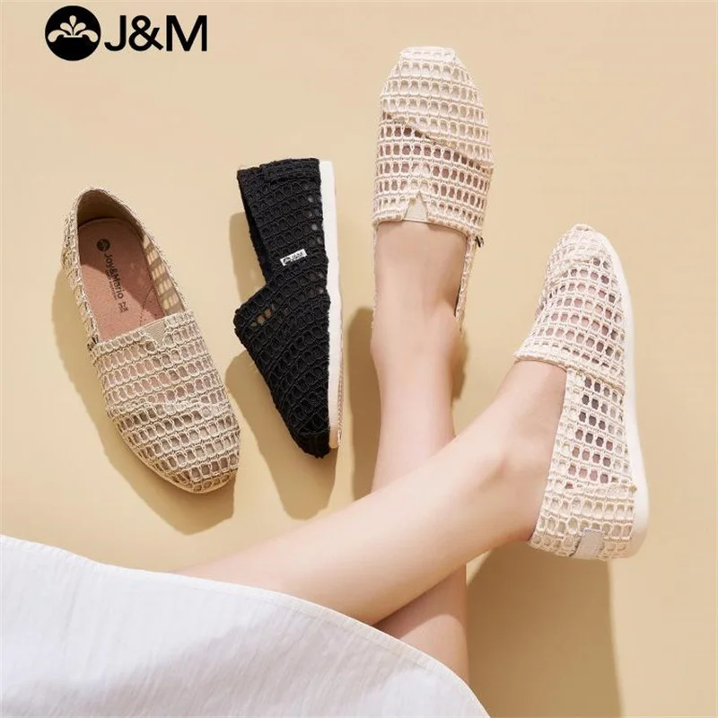 

16 Styles J&M Women Casual Shoes Fashion Lace Mesh Floral Cloth Shoes Soft Rubber Flats Breathable Slip-on Sneakers White Black