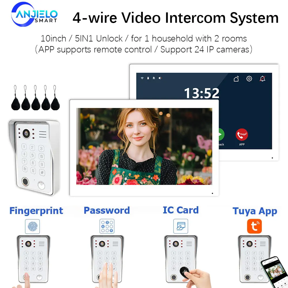 ANJIELO 5IN1 Fingerprint Unlock Tuya Smart Home Camera Doorbell Video Intercom System for Apartment 2 Screens 1080P