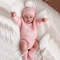Ylsteed Hello Baby Newborn Photography Romper and Pom Hat Set Knitted Newborn Girl Outfits for Photo Shooting Infant Photo Props