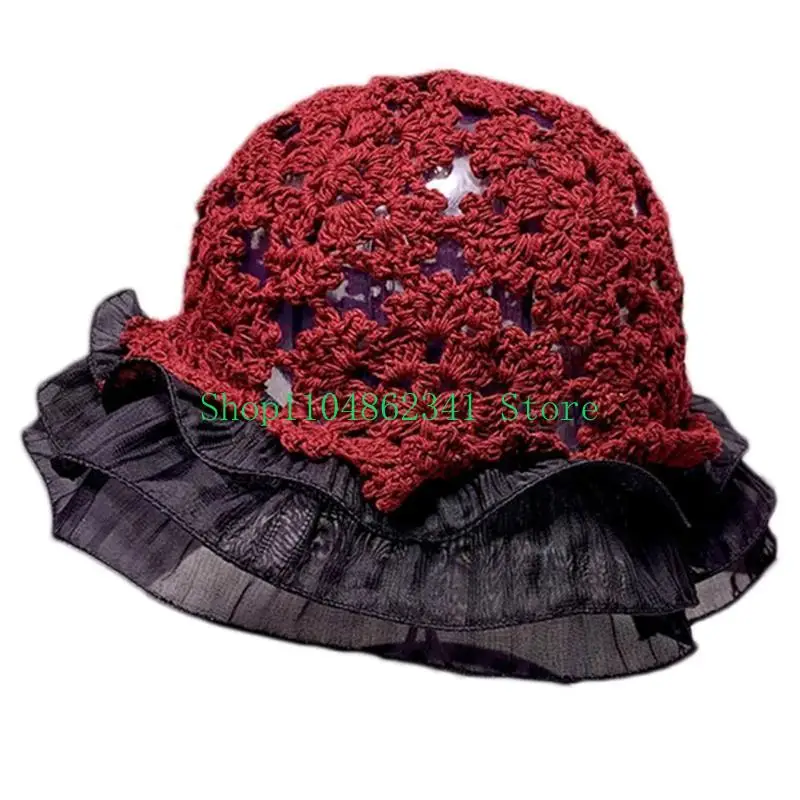 

652F Summer Handmade Knitted Cap Hollow Out Foldable Crochet for Sun Hat with Lace E