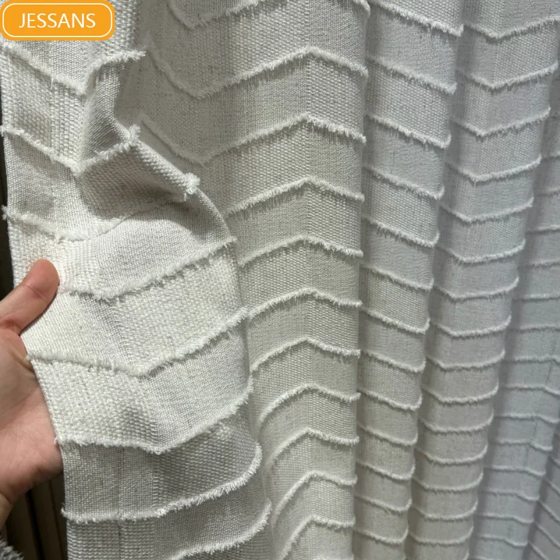 Custom Finished Geometric Cut Cream White Jacquard Curtains for Living Room Bedroom French Window Partition Curtain