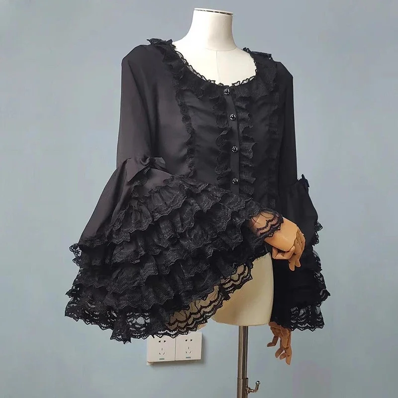

Японская Y2k женская рубашка в стиле Лолиты, эстетичная кружевная блузка с лоскуткой, женская повседневная милая милая плиссированная блузка с бантом и расклешенными рукавами, топы