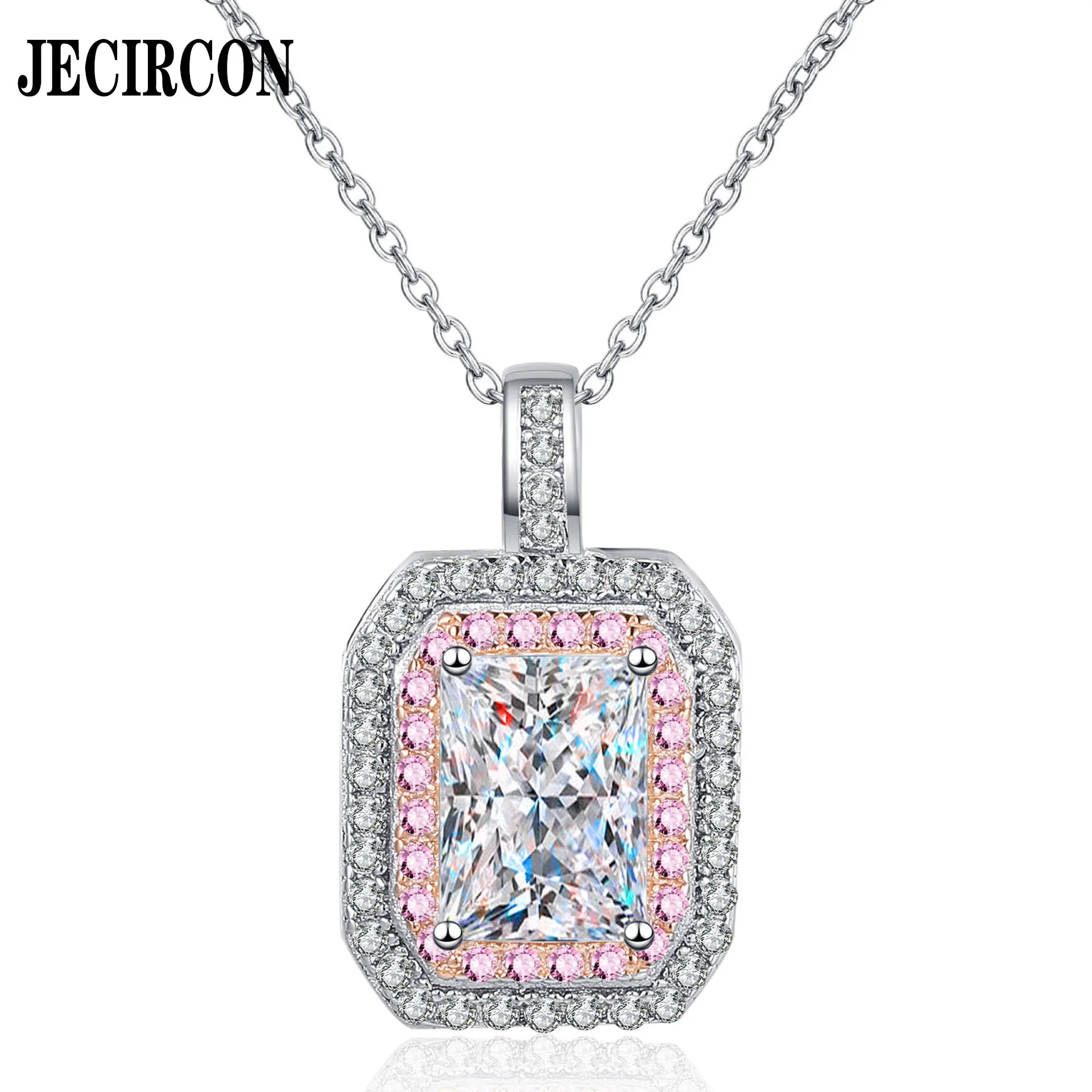 

JECIRCON 925 Sterling Silver Necklace for Women Rectangle 5x7MM Moissanite Pendant Clavicle Chain Plated PT950 Gold Fine Jewelry