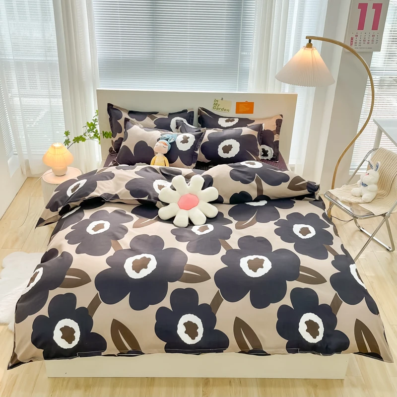 Copripiumino fiore nero carino copripiumino floreale kaki Set 4 pezzi pianta moderna fattoria cartone animato botanico biancheria da letto morbida