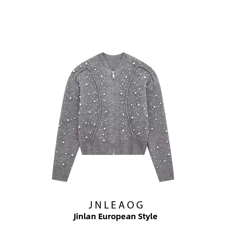 

Winter New Women's Knitted Pilot Jaet Coat Pearl Decorated Street Sle Long Sve Zipper Low round Ne Regular Length