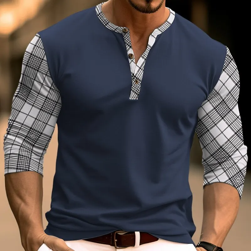 

Autumn 3D Printed Plaid Color Blocking Men's Henley Long sleeves T-Shirt Loose Simple Design Henry Collar Button Pullover Top