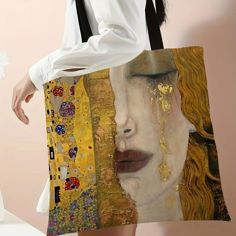 

1pc Artistic Tote Bag kiss Golden Oil Painting Abstract Large Capacity Casual Shoulder Bag Reusable Fashion Character Handbag