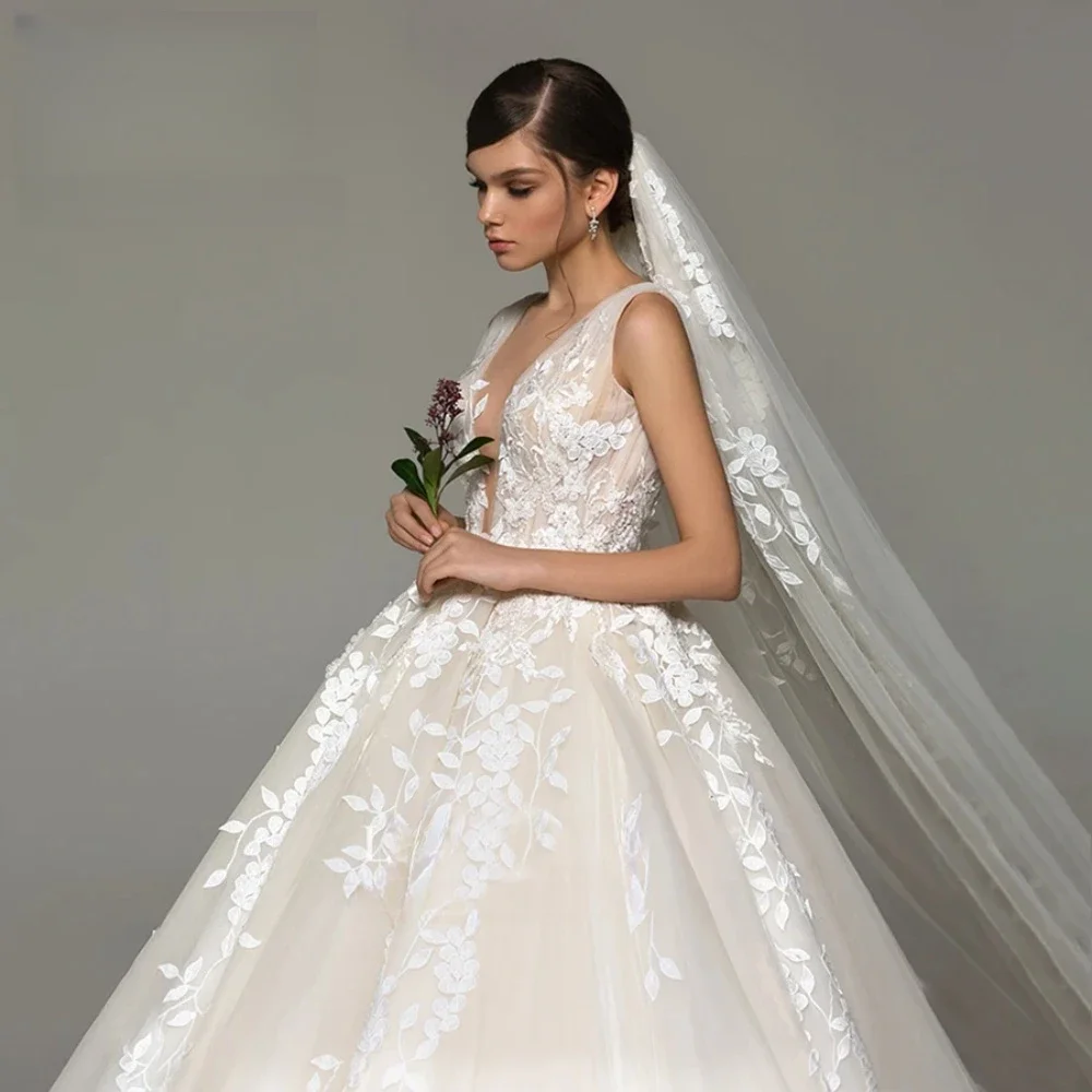 Personalizado 2025 sexy profundo decote em v vestido de casamento clássico renda applique sem costas vestido de noiva princesa noiva casamento roupas femininas