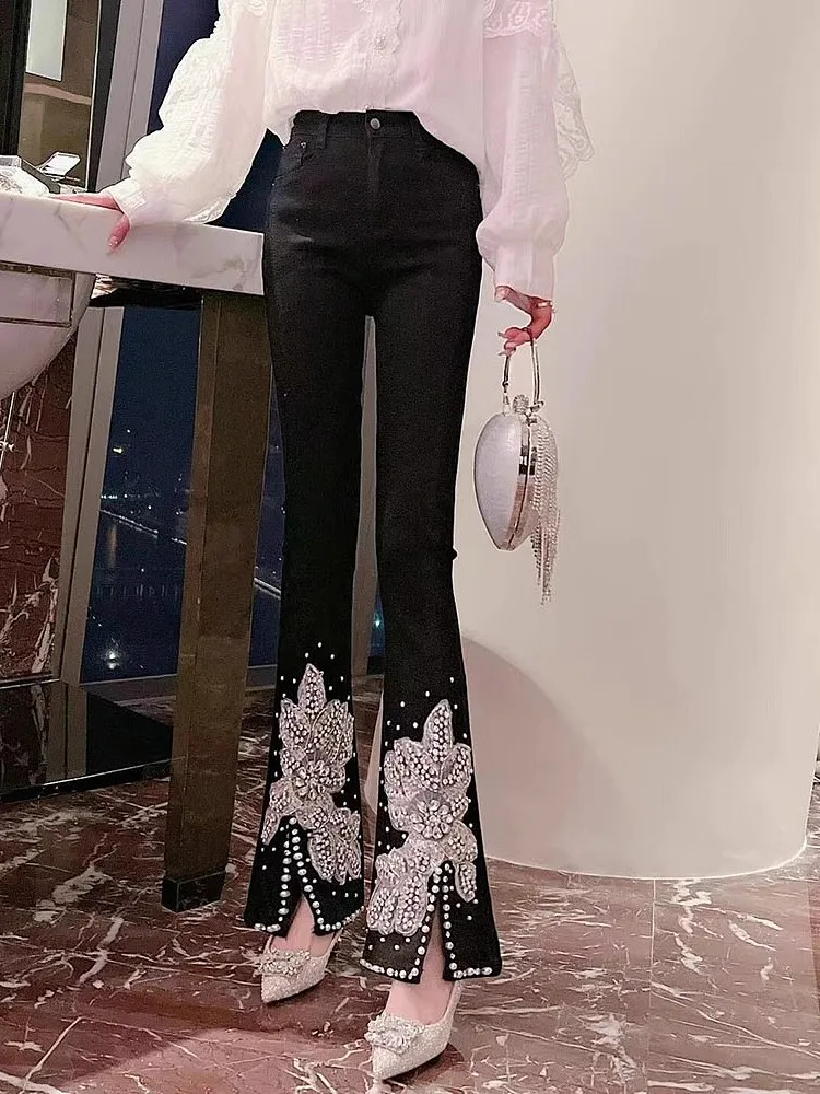 Women High Waist Jeans Floral Embroidery Nailed Bead Inlaid Diamond Pearls Split Denim Micro Flared Pants Cowboy Trouser Female