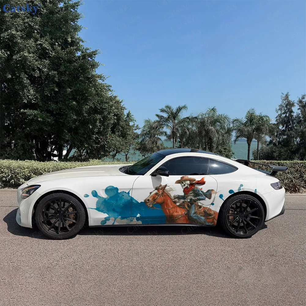 2 pièces de films adhésifs pour voiture motif Cheval squelette Cowboy Mighty, durables, résistants à la décoloration, améliorent l'esthétique du véhicule avec un design artistique audacieux