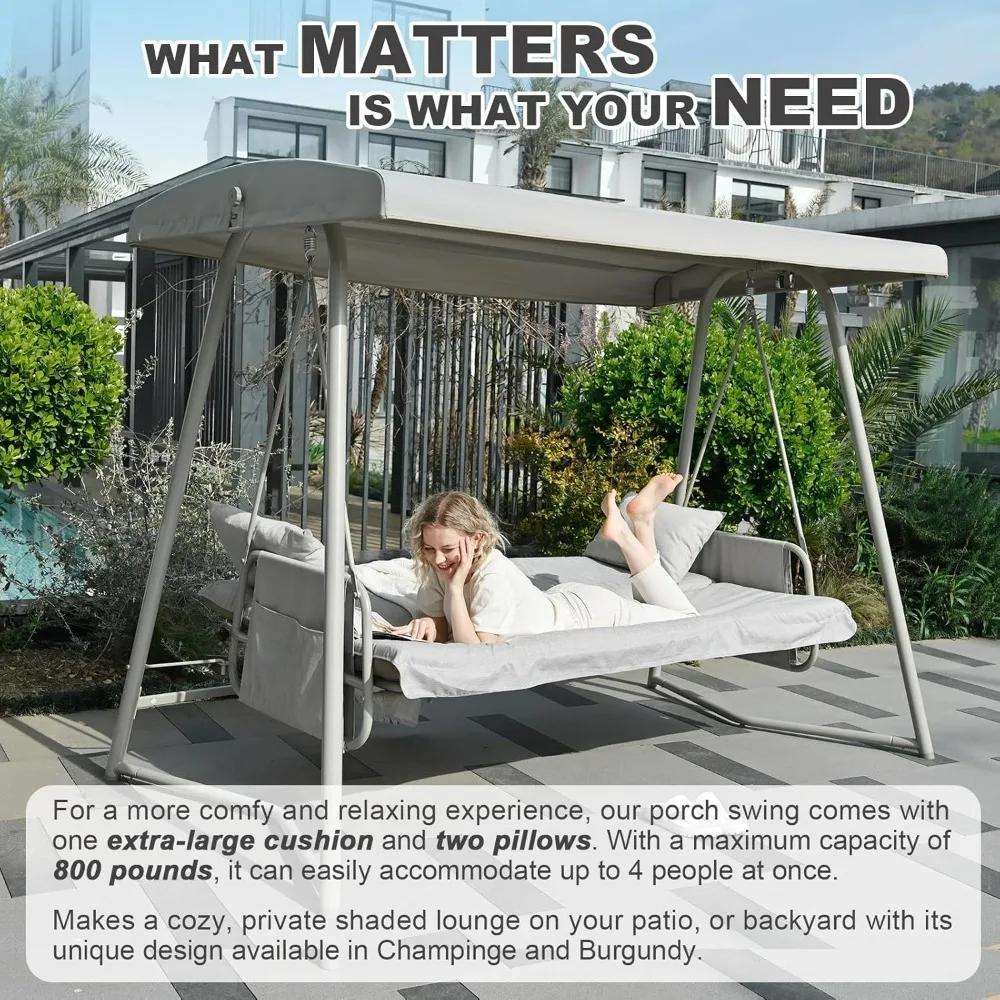 3 to 4 Seat Porch Swing, 2-in-1 Outdoor Swing Bed with Adjustable Backrest Canopy 800 lbs Capacity with Stand Cushions Pillows