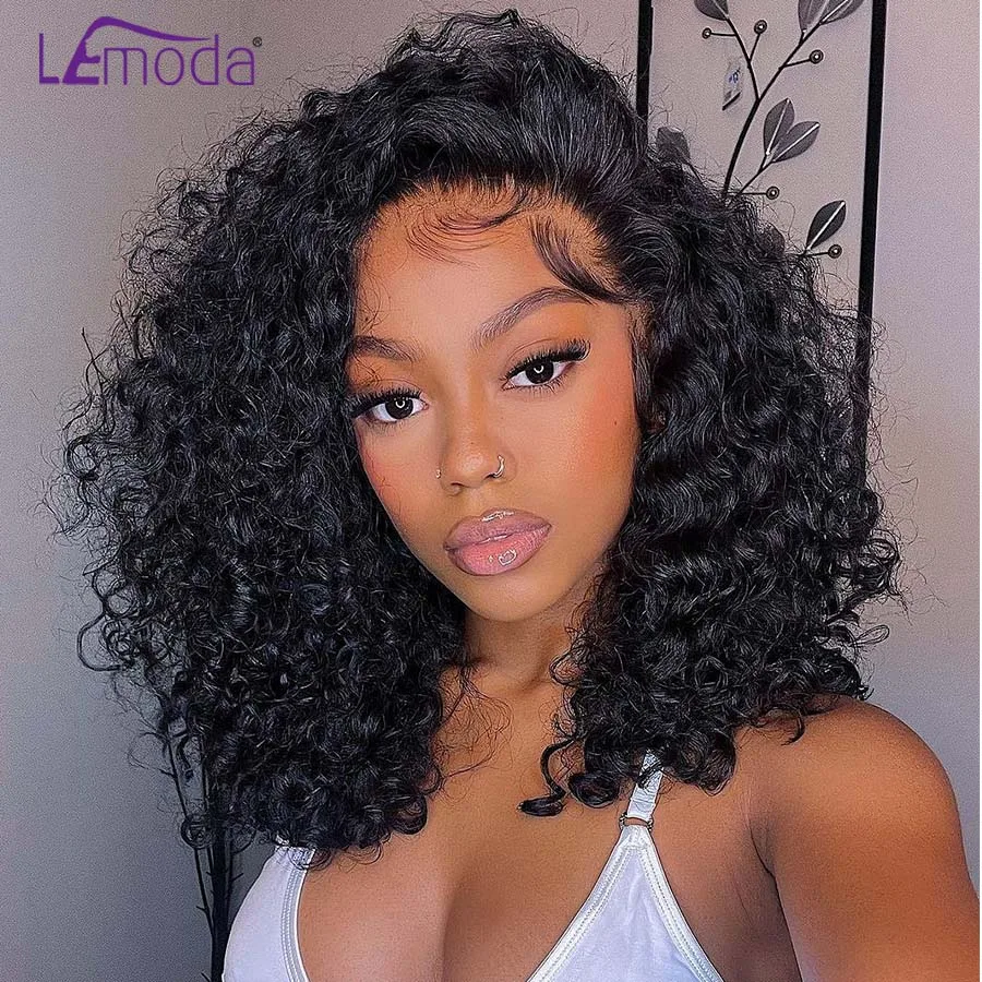 Lemoda-Perruque Bob Lace Front Wig naturelle bouclée, cheveux vierges, 13x4, pre-plucked, densité 210, pour femmes