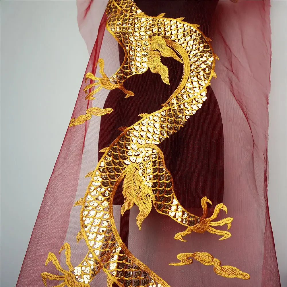 Gold Sequins Chinese Dragon Red Mesh Embroidered Wedding Gown Appliques Lace Trims Sew On Patch For Dress DIY Decoration