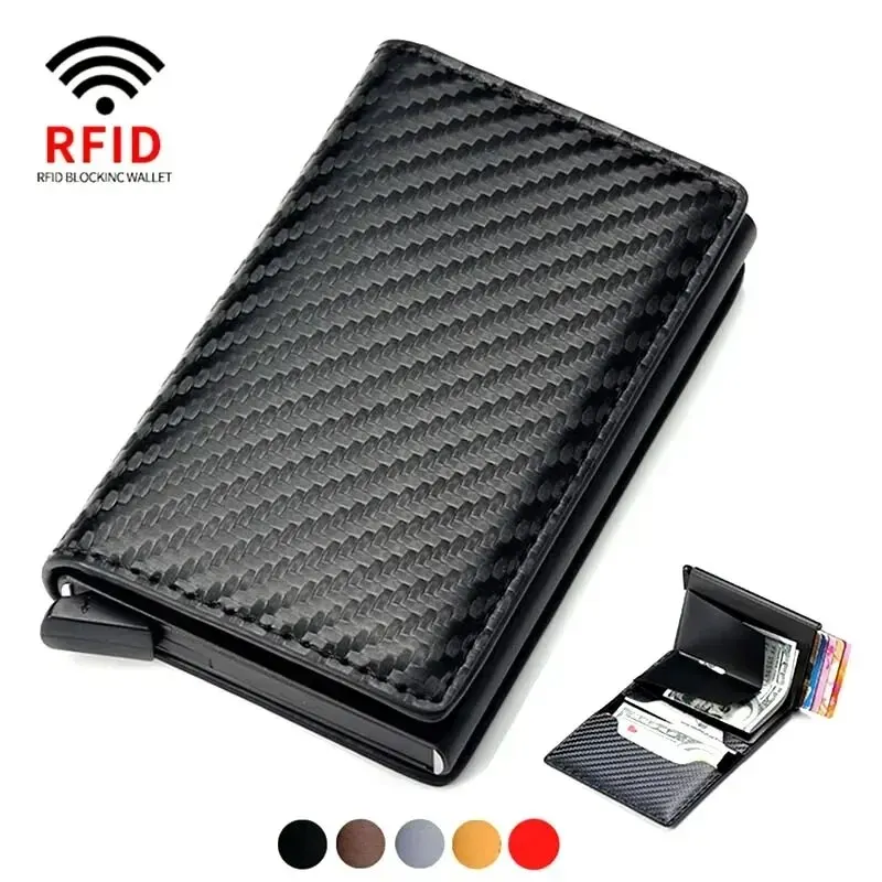 Cartera de aluminio Rfid para hombre, tarjetero de fibra de carbono, Delgado, inteligente, para negocios, tarjetero de crédito