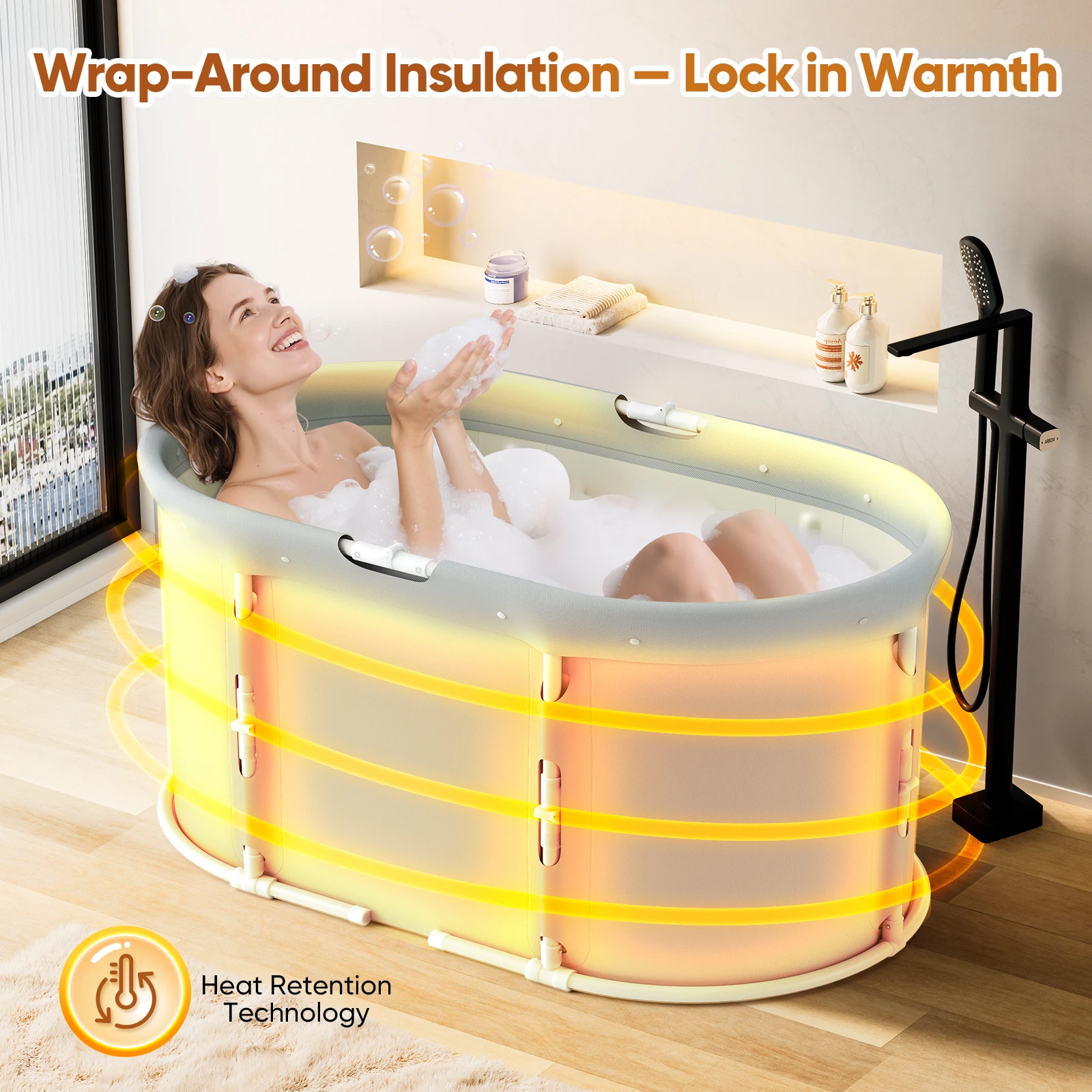 حوض استحمام محمول قابل للطي مع وسادة مقعد حوض استحمام تمرغ للاستحمام الساخن حمام الجليد حوض استحمام ساونا للأطفال البالغين، 60x49x13.5 سم