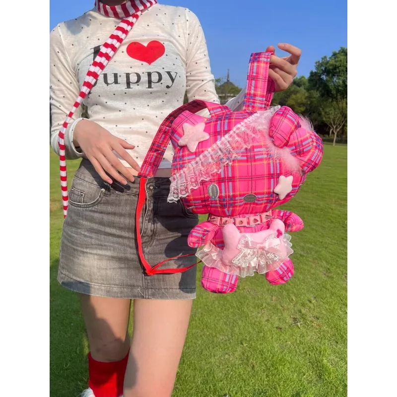 

New Miniso Hello Kitty Backpack Cosplay Accessories Cute Cartoon Bag Doll Pink Grid Y2k Style Homemade Small Backpack Gift
