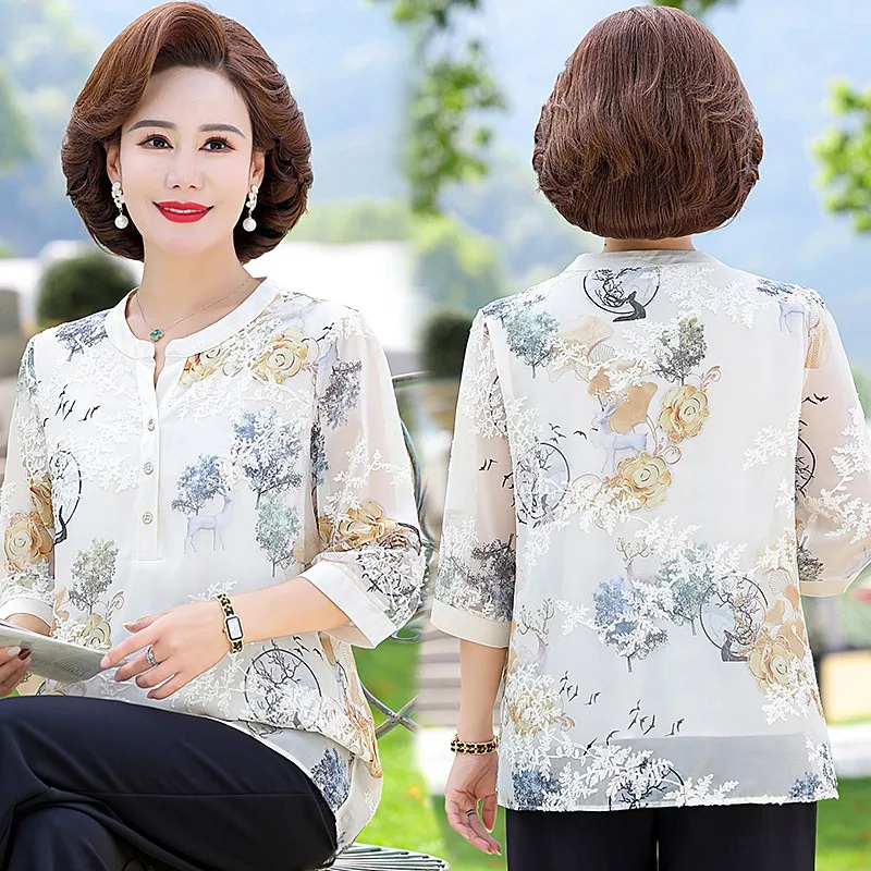 Elegant Fashion Printed embroidery Gauze  Blouse Shirt Summer Half sleeve V-Neck Loose Pullover Tops Women Clothing