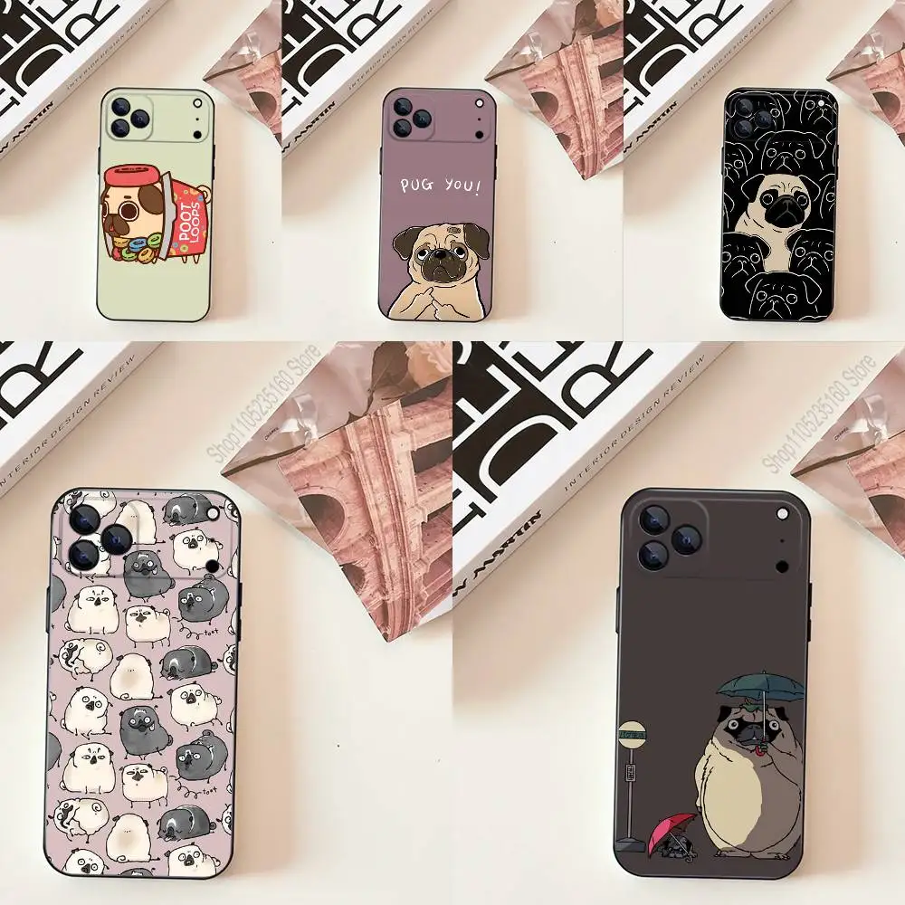 

Cute P-Pug Dog Phone Case For iPhone 11,12,13,14,15,16,17,Pro,Max,Plus,E,SE4,Air,Mini Black Soft Cover