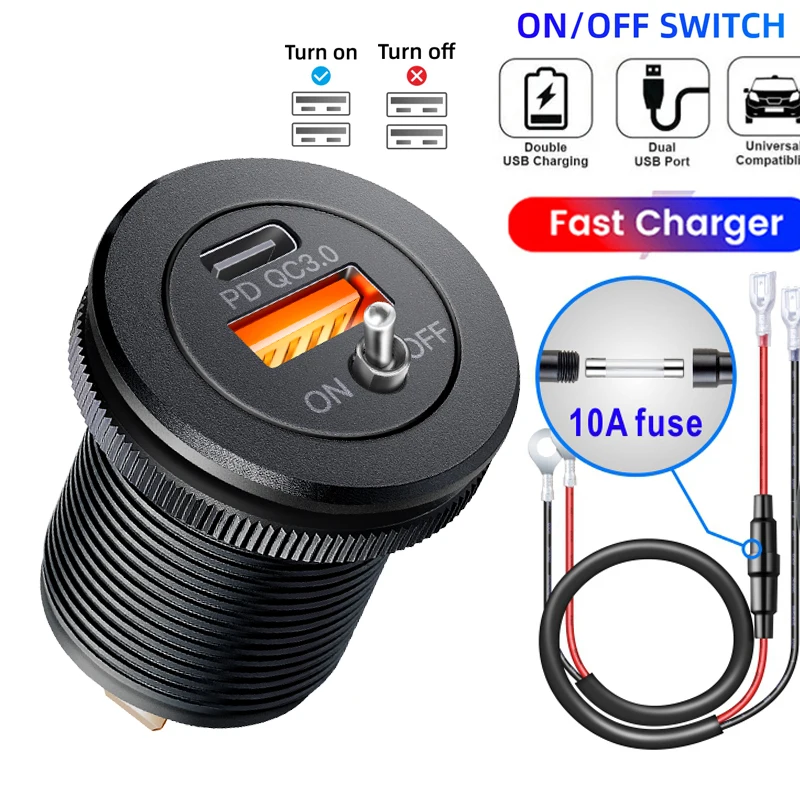 

12v car socket with switch Car USB Charger QC3.0 PD Type C USB adapter for 12V/24V Vehicles Boat Motorcycle SUV Bus Truck