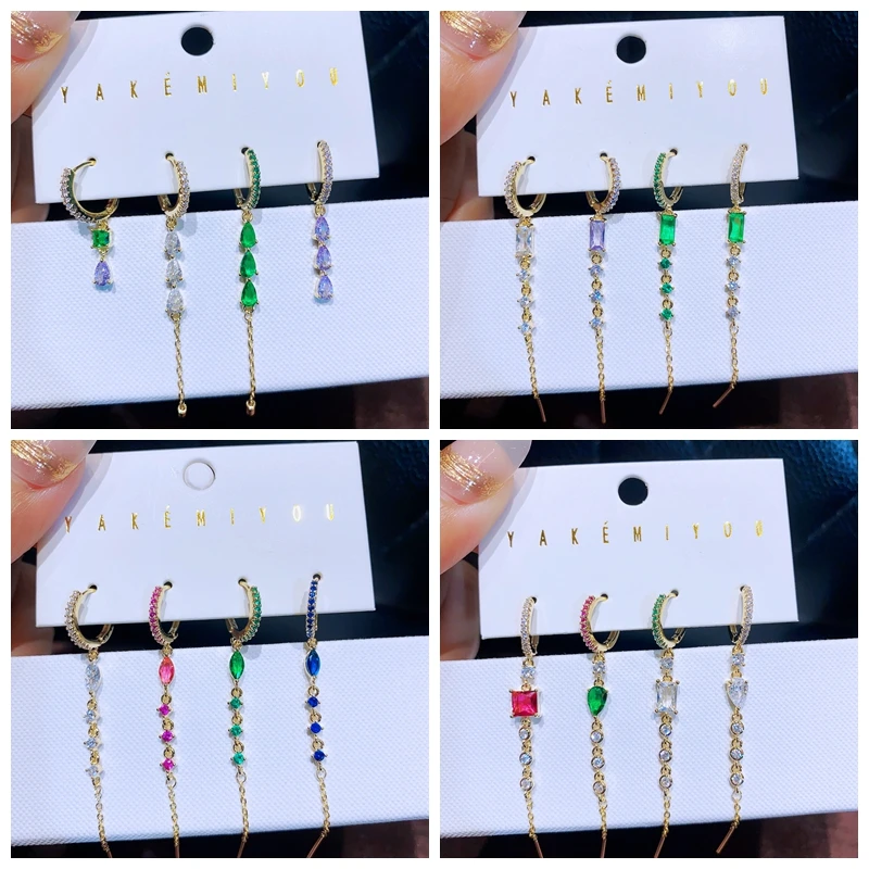 

MIGGA 4pcs Luxury Colorful Cubic Zircon Long Drop Earrings Set for Women Gold Color Crystal Jewelry