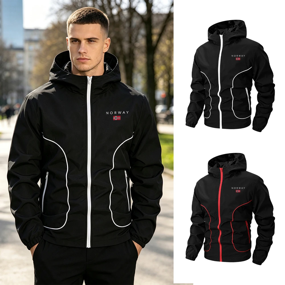 Men's Norway Flag Print Hooded Jacket With Zippered Pockets Windproof Outerwear For Casual Outdoor Commute And Athletic Wear