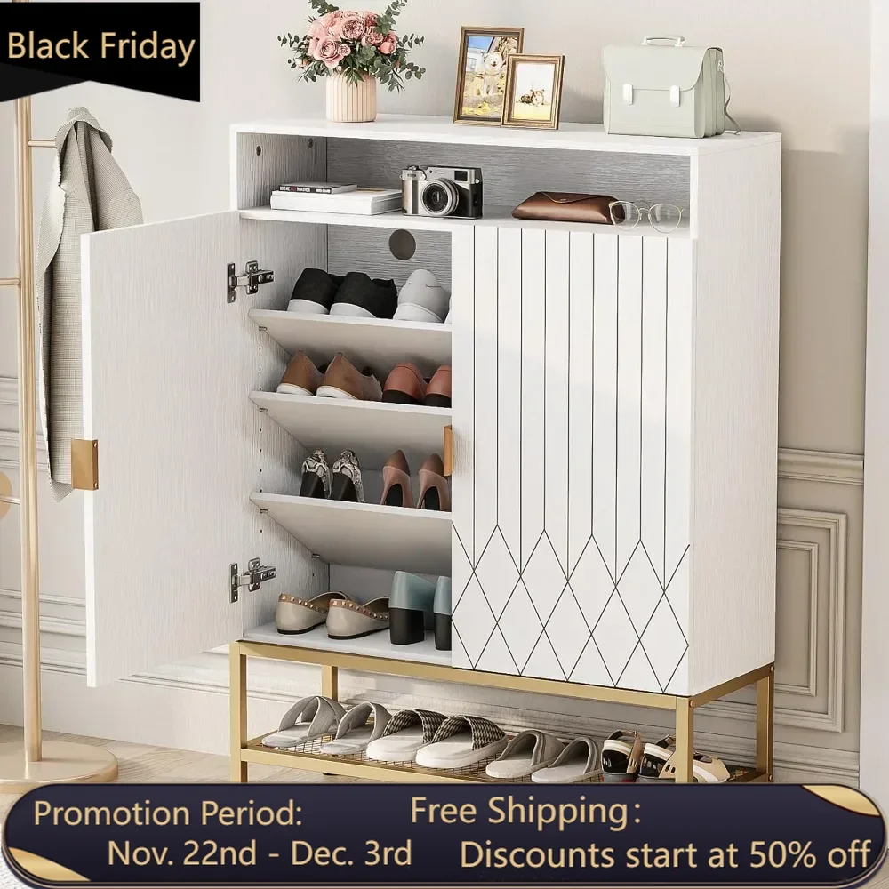 7-Tier Shoe Storage Cabinet with Carved Doors, Shoe Rack Organizer Cabinet with Adjustable Shelves & Buffer Hinge, Freestanding