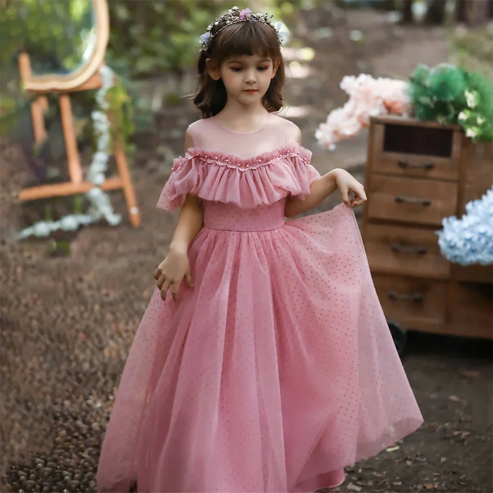 

Crystals Princess O Neck Short Sleeve Luxury Formal Bow Communion Gowns For Girl Floor Length Pleat Flower Girl Dress New