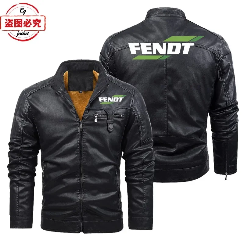 Fendt Tractor Logo Printed Workwear Retro Washed PU Leather Jacket Windproof and Warm Men's Solid Color Jacket Team Uniform