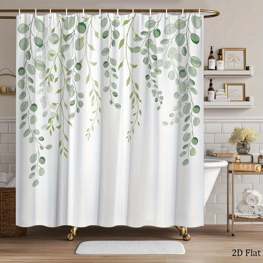 1pc a Shower Curtain Featuring Elegant Drooping Eucalyptus Branches with Green Leaves, Designed in a Minimalist And Soothing Sty