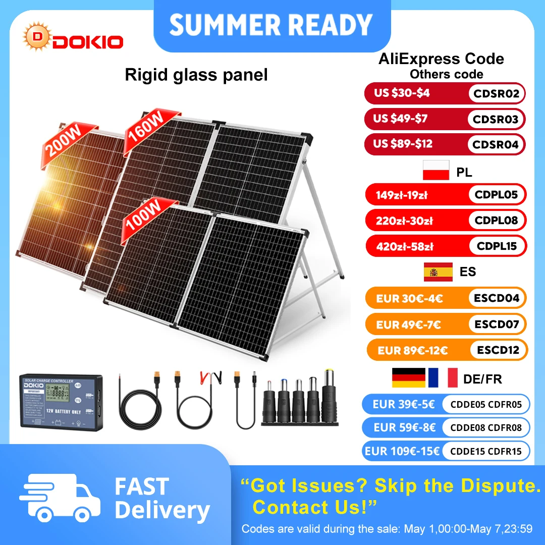Panneau solaire pliable Dokio pour camping-car, système hors réseau, monocristallin 100W 160W 200W avec contrôleur 12V