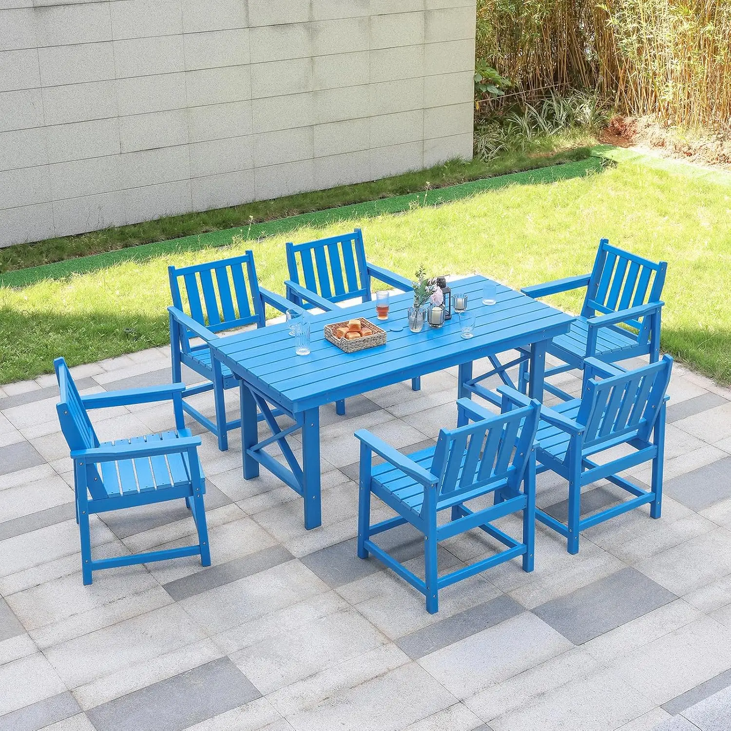 HDPE Outdoor Dining Set 7-Piece with Umbrella Hole, All Weather Table for 6, Deck Backyard Lawn Poolside, Customized