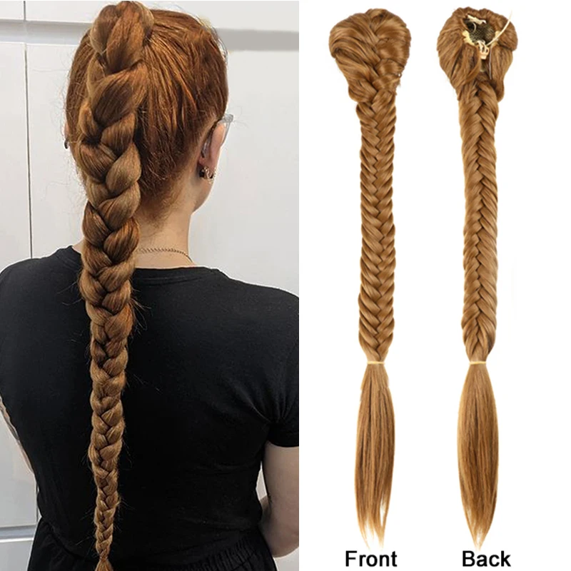 Synthetic Braided Plaited Fishtail Fishbone Drawstring Ponytail 20inch Long Ombre Blonde Pink Pigtail Hair Extensions For Women