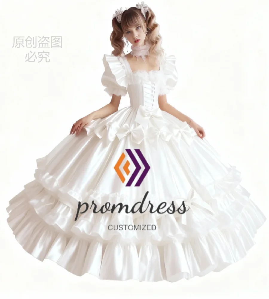

Luxury White Victorian Costume Evening Dress With Bow Tiered Beaded Sleeves Cosplay Prom Dress Korean Elegant Formal Mariage