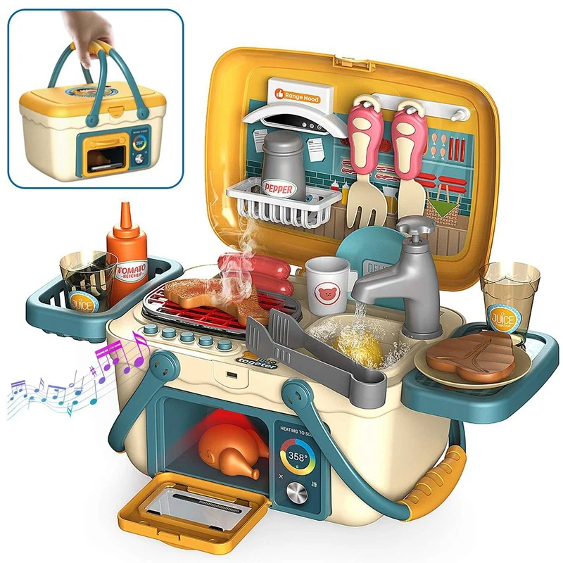 Kids BBQ Grill Playset Picnic Kitchen Basket Play Toys With Musics And Lights Pretend Foods Cooking Role Play Toys