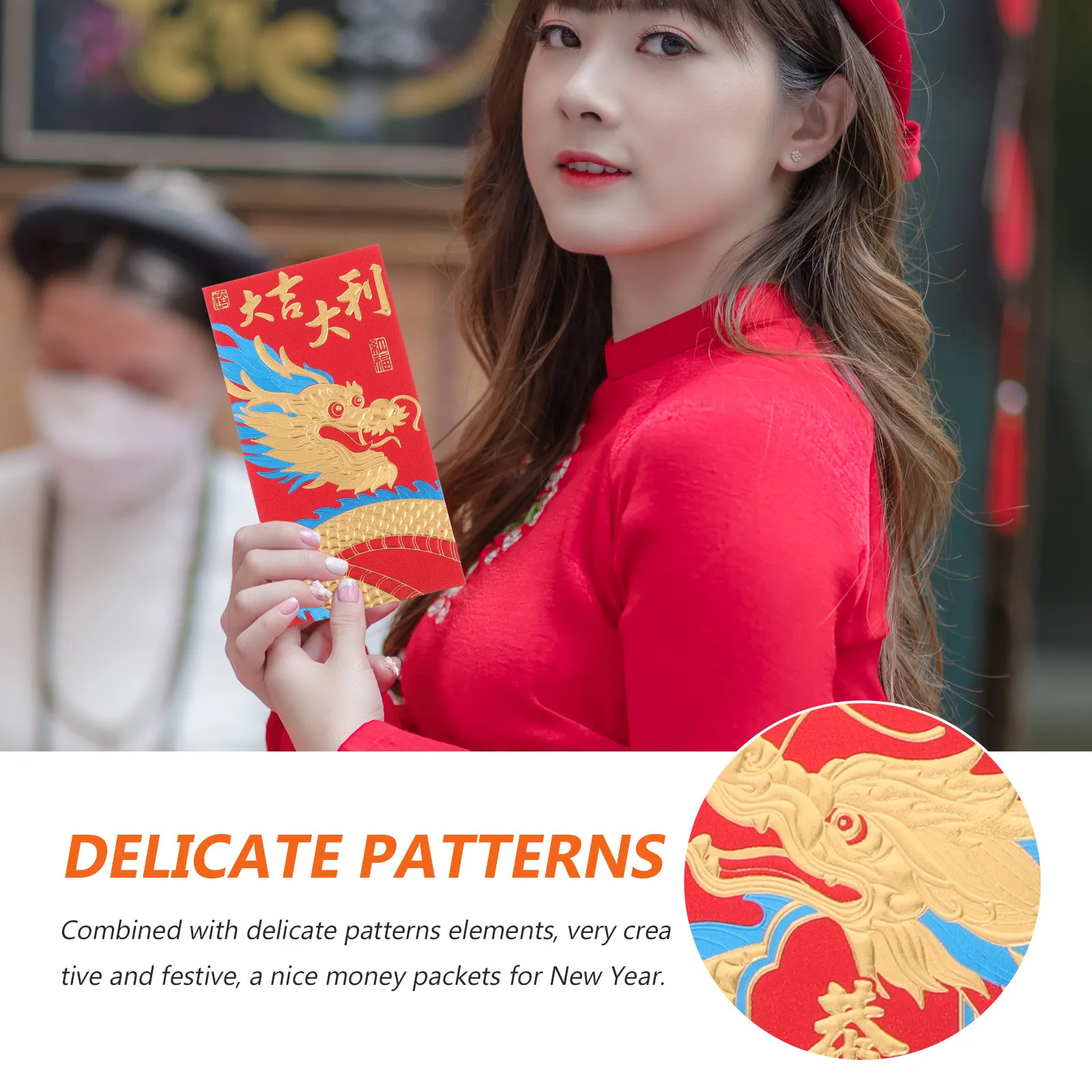 6Pcs Gold Glitter Dragon Red Envelopes Creative 2024 New Year Money Pouches Chinese Style Traditional Red Packets