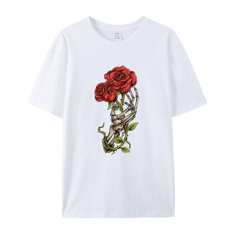 

2024 Веселая Футболка с принтом Bone Hand Rose, мужская хлопковая Повседневная летняя дышащая футболка с коротким рукавом в стиле Харадзюку, Топ унисекс для спорта
