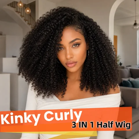 Wig Glueless Afro Kinky Curly Half Wig Human Hair Wear and Go Seamless Water Wave 3 In 1 Half Wig Glueless Headband Clip In Wig No Sew In Black